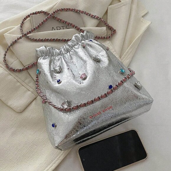Silver Casual Women's Rhinestone Drawstring Shoulder Bag - Picture 4 of 7